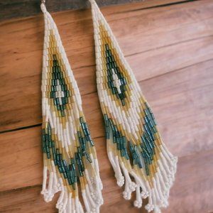 Vintage Native American Western Hand Made Glass Seed Beed Fringe Earrings